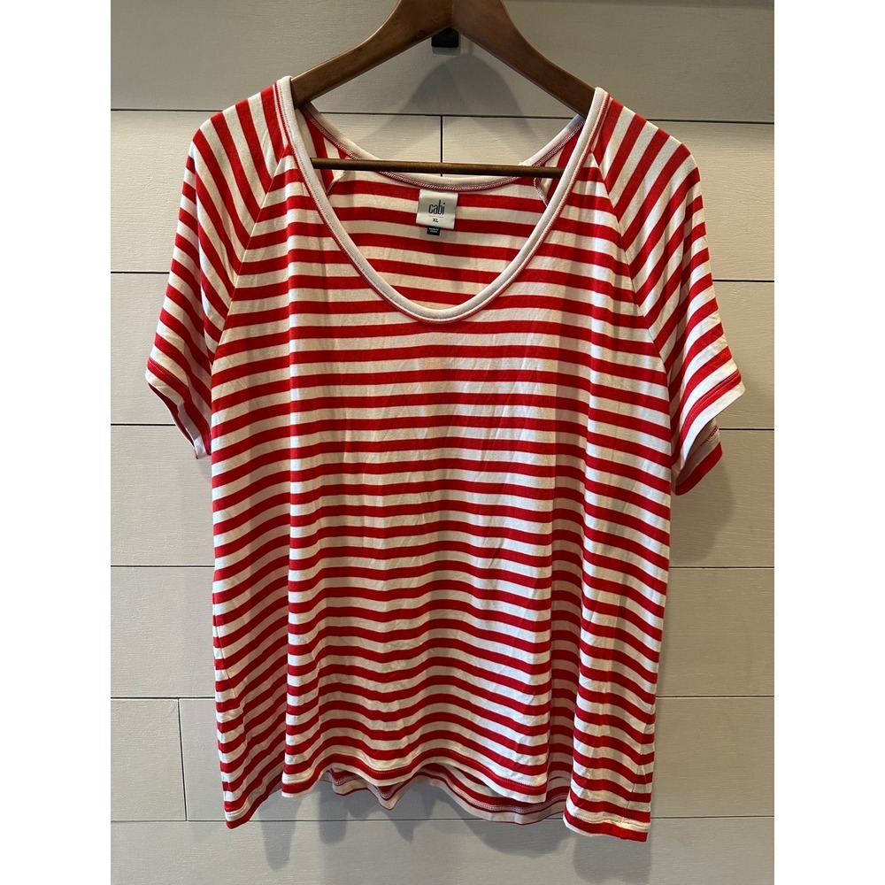 Cabi Red White Striped V-Neck Raglan Short Sleeve Top Style 5798 XL